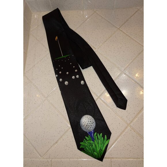 Vintage A Rogers Black Golf Neck Tie golf ball tee time golfer - Picture 1 of 6